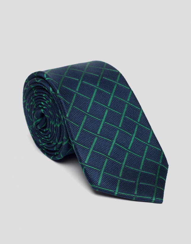 Corbata seda azul con cuadros verdes