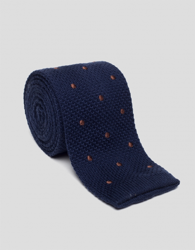 Blue knit tie with polka dots