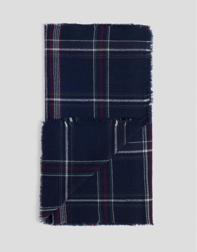 Blue and red checked wool scarf