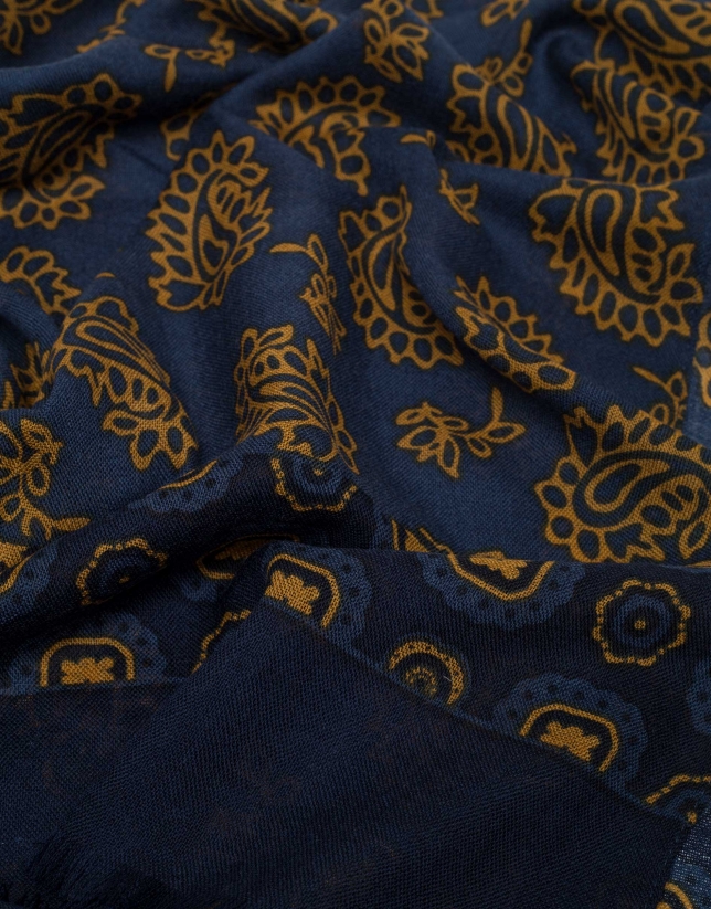 Fular lana estampado cachemires y flores azul/dorado