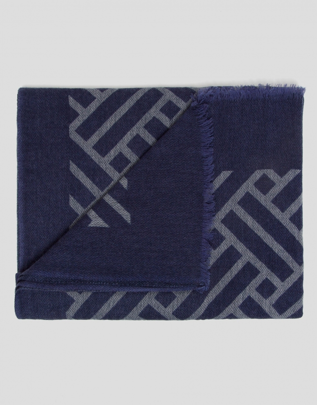 Blue and beige geometric jacquard scarf