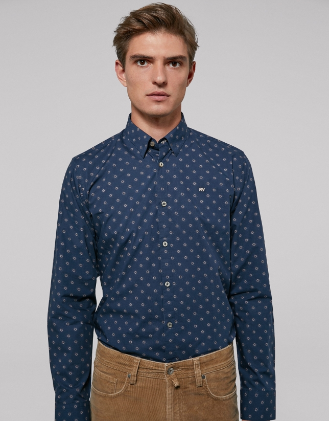Brown blue floral print sport shirt