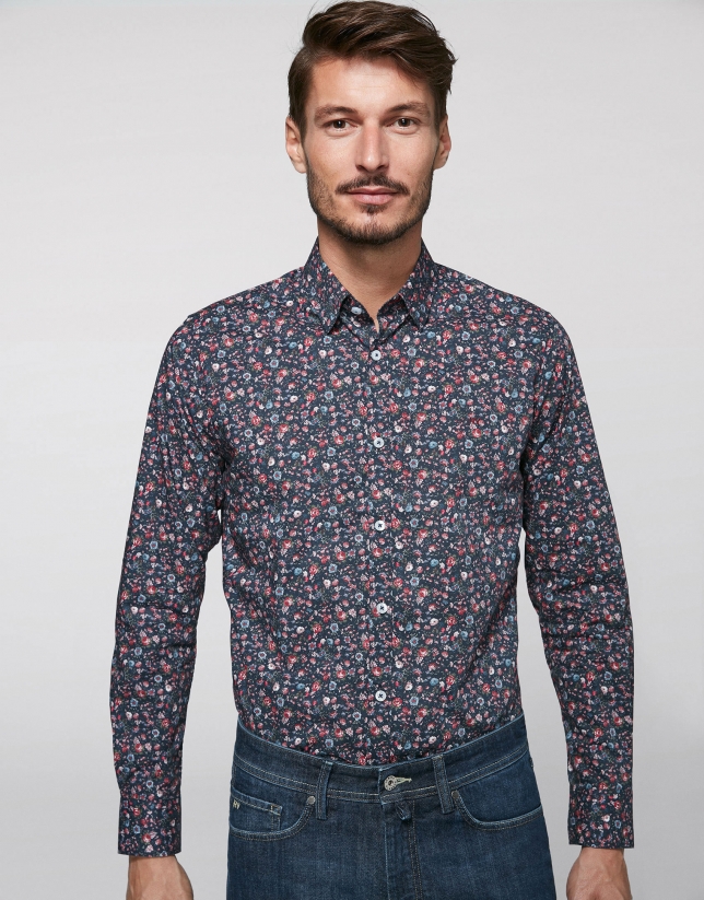 Navy blue sport shirt with multicolor floral print 