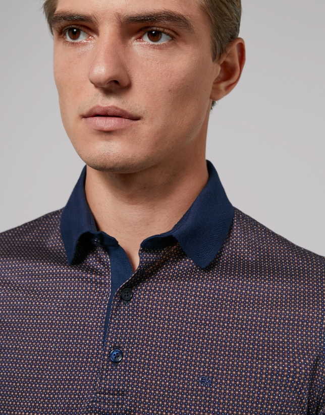 Brown and blue geometric print polo shirt