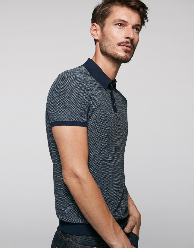 Navy blue and beige high twist cotton polo shirt