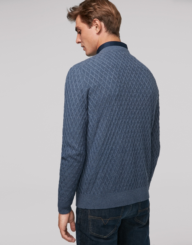 Blue melange wool sweater with design