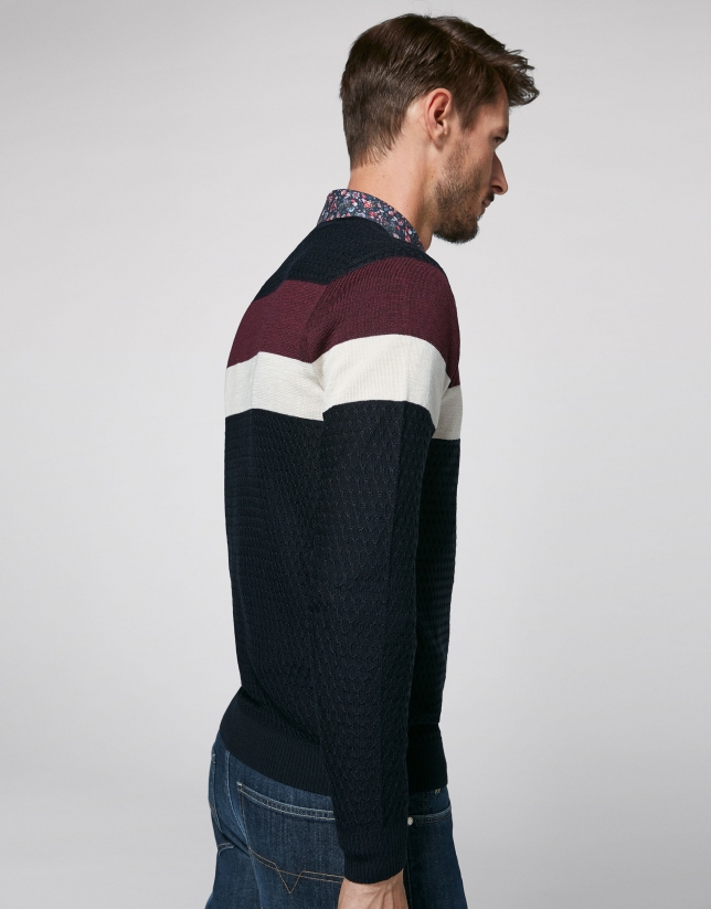 Navy blue wool sweater with stripes