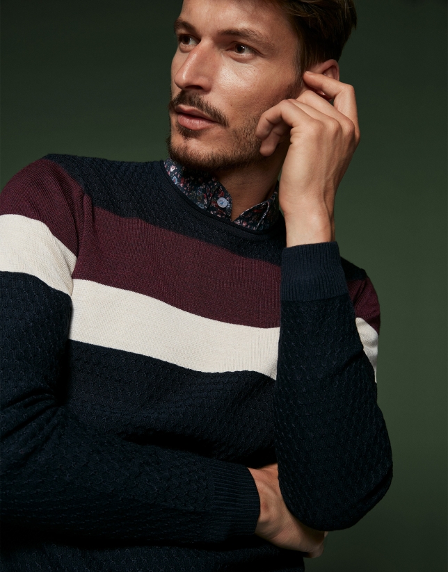 Navy blue wool sweater with stripes