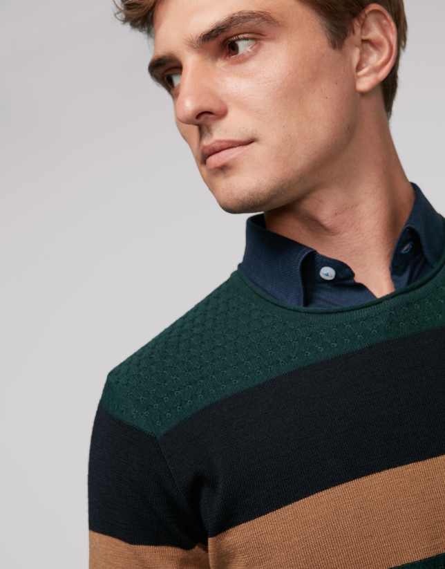 Green wool sweater with stripes
