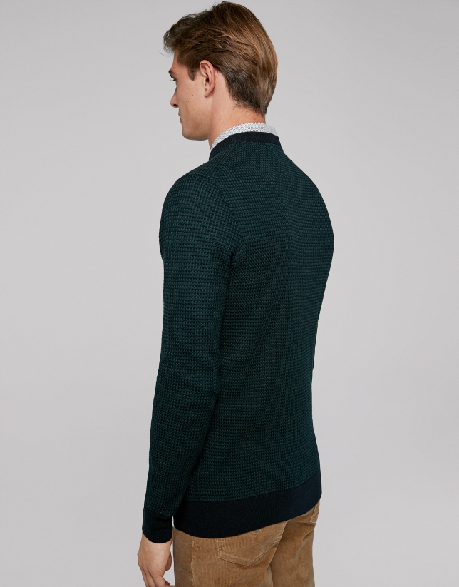 Navy blue and green wool sweater