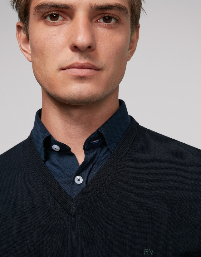 Navy blue wool sweater with V neck