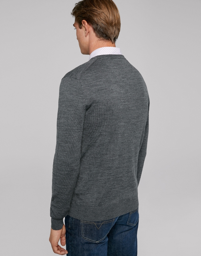 Grey melange wool sweater with V neck