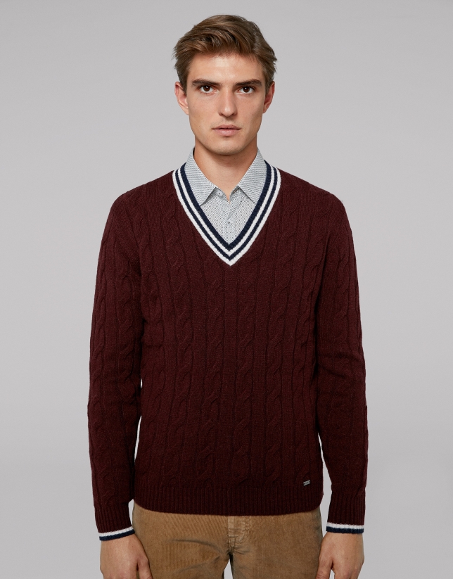 Burgundy cable knit sweater with V-neck