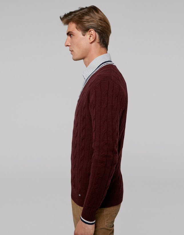 Burgundy cable knit sweater with V-neck