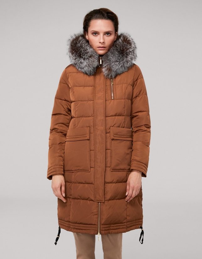 Long, mink-colored anorak and hood with fur