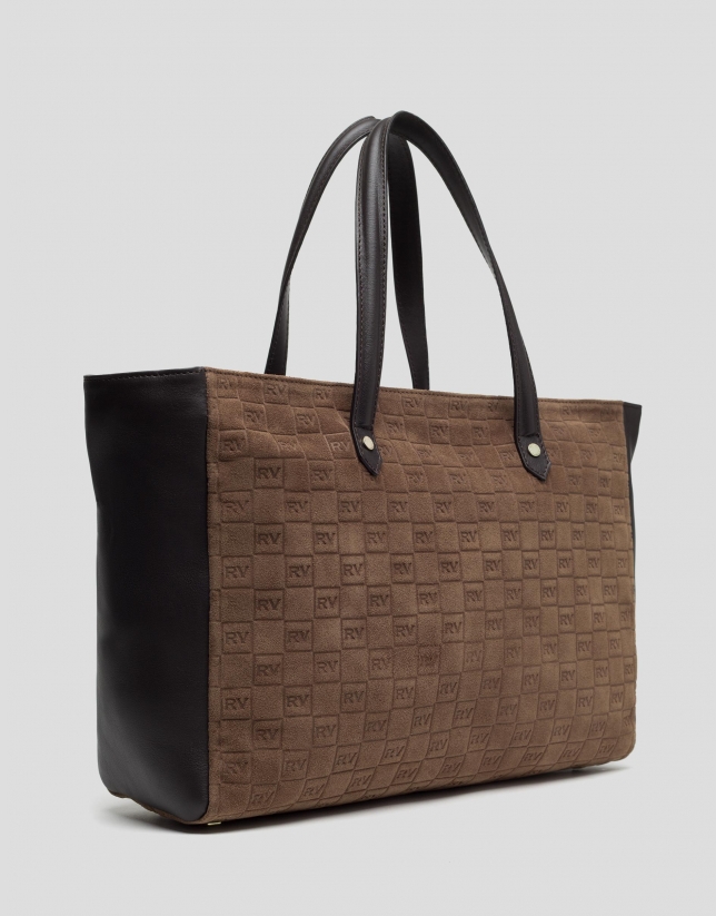 Brown suede shopping bag with logos