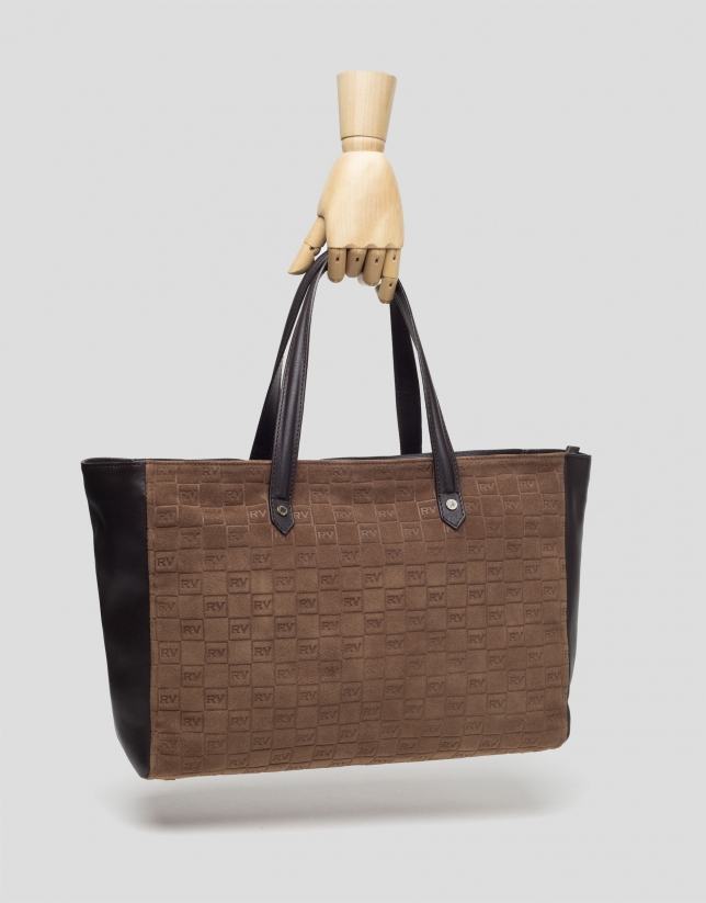 Brown suede shopping bag with logos