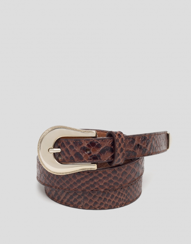 Cinturón estrecho piel grabado serpiente marrón