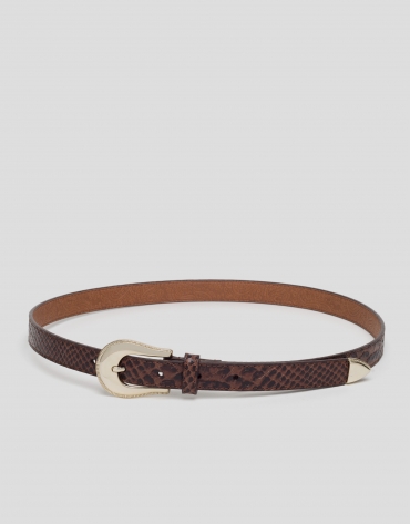 Cinturón estrecho piel grabado serpiente marrón