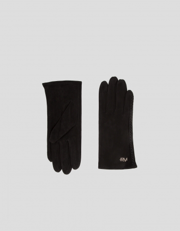 Black suede gloves with braided edge
