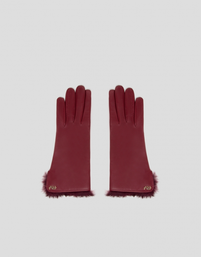 Burgundy leather and fur gloves