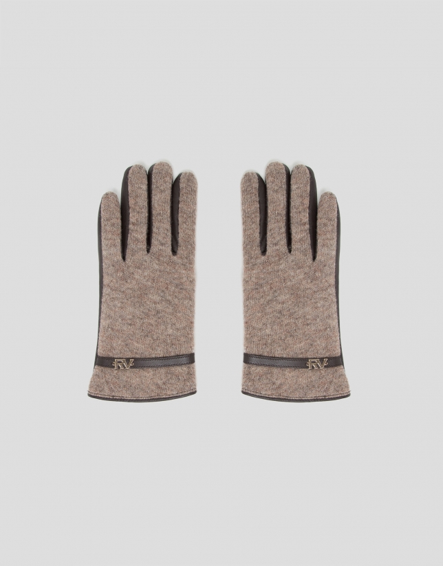Beige leather and knit gloves with strap