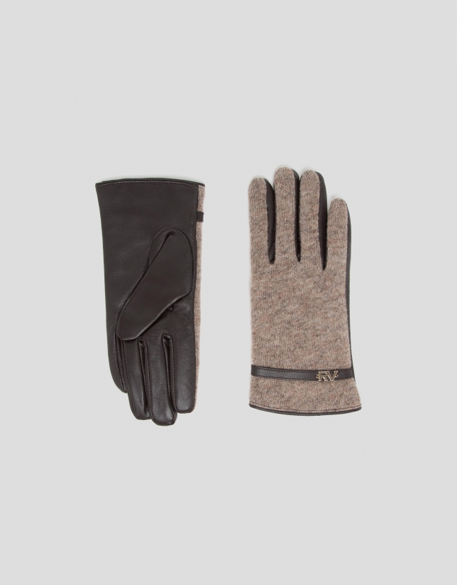 Beige leather and knit gloves with strap