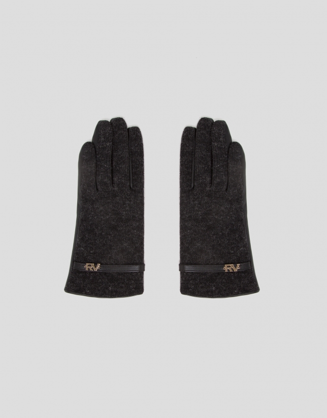 Gray leather and knit gloves with strap