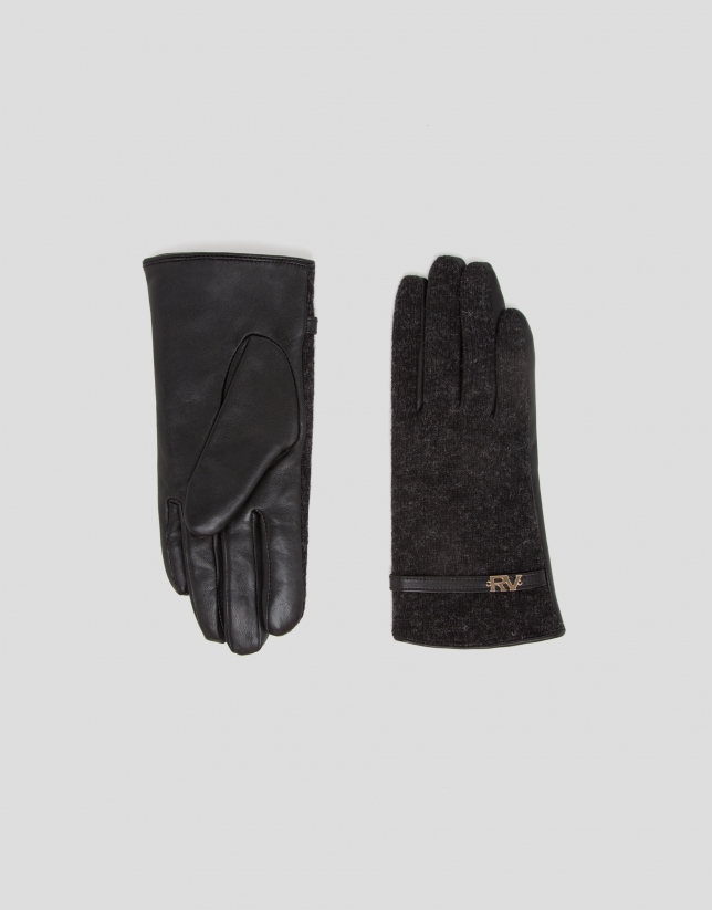 Gray leather and knit gloves with strap