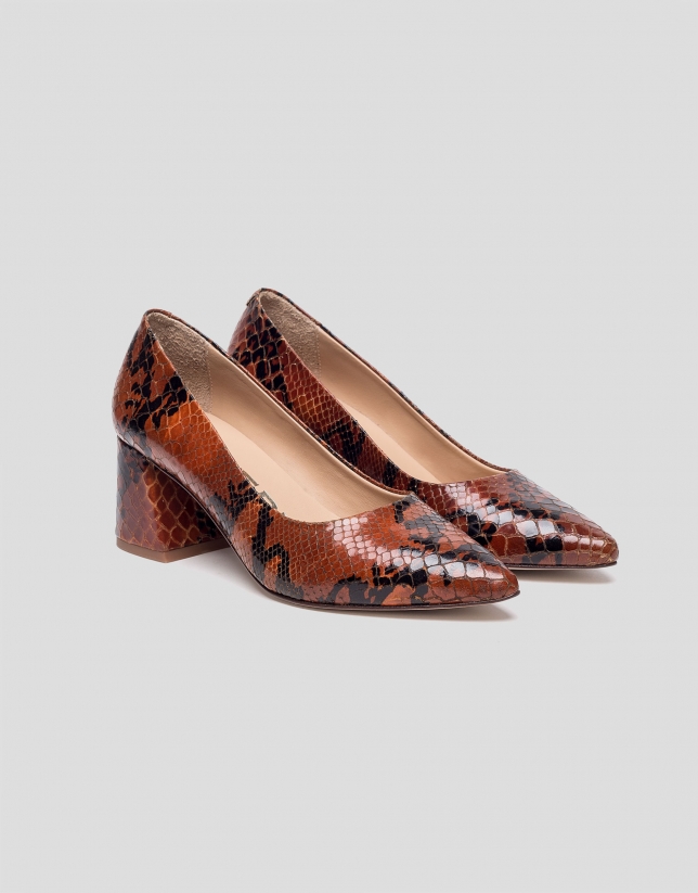 Brown snakeskin pumps with half heel