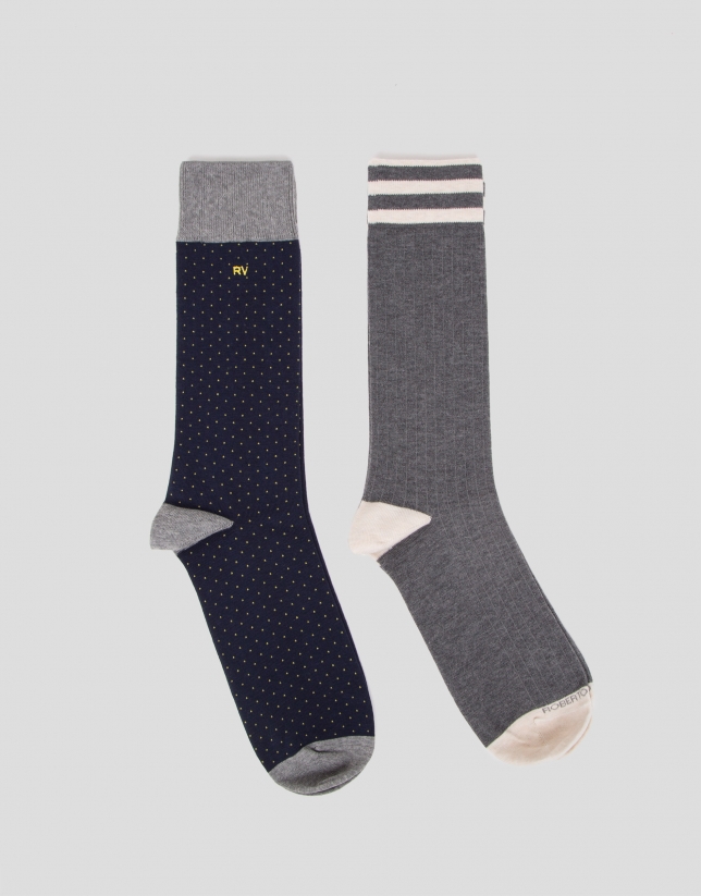 Pack calcetines canalé gris/azul con topos amarillos