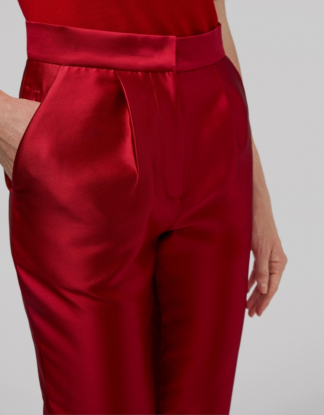 Red silk ankle-length pants