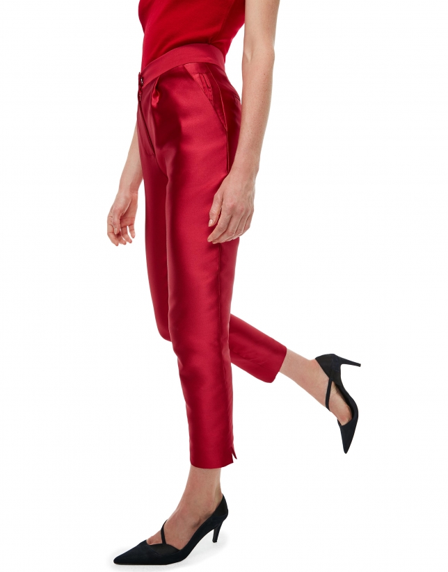 Red silk ankle-length pants