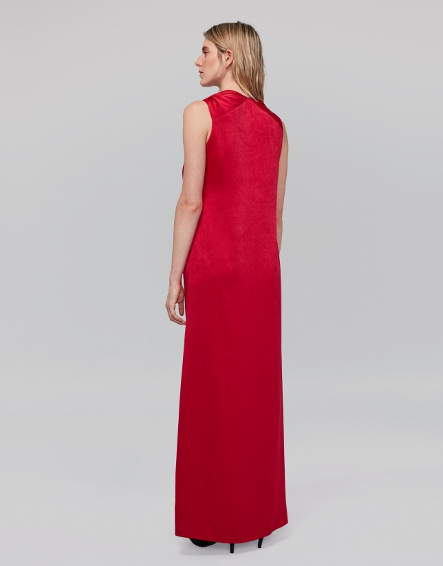 Long, red party dress with asymmetric hem