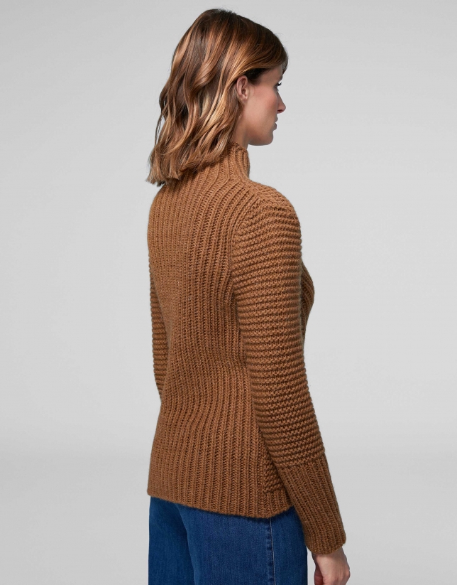 Brown knit sweater with openwork and knotted design