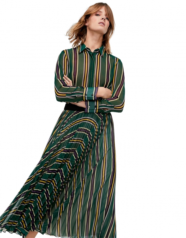 Falda larga plisada estampado rayas verdes