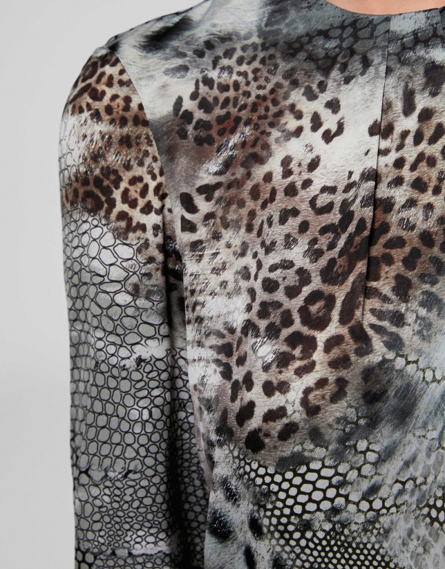 Animal print shirt with folds at neckline
