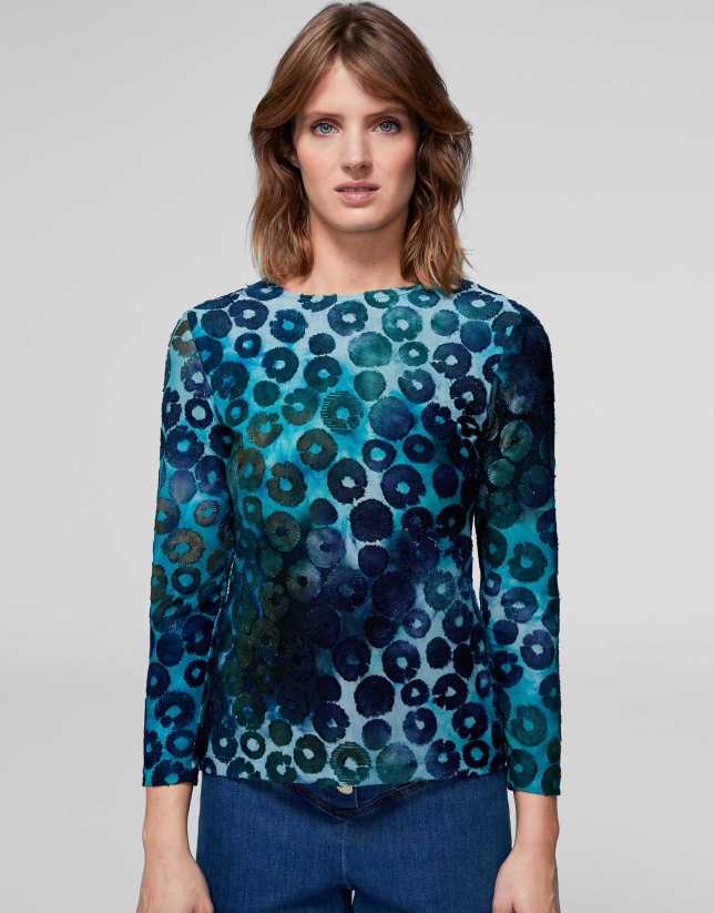 Blue knit top with spotted print