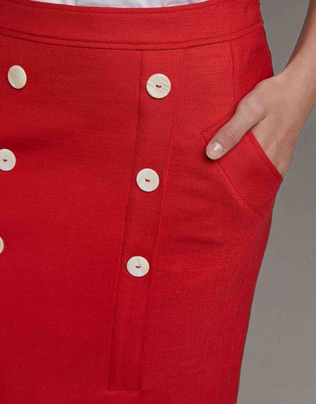 Red wrap skirt with white buttons