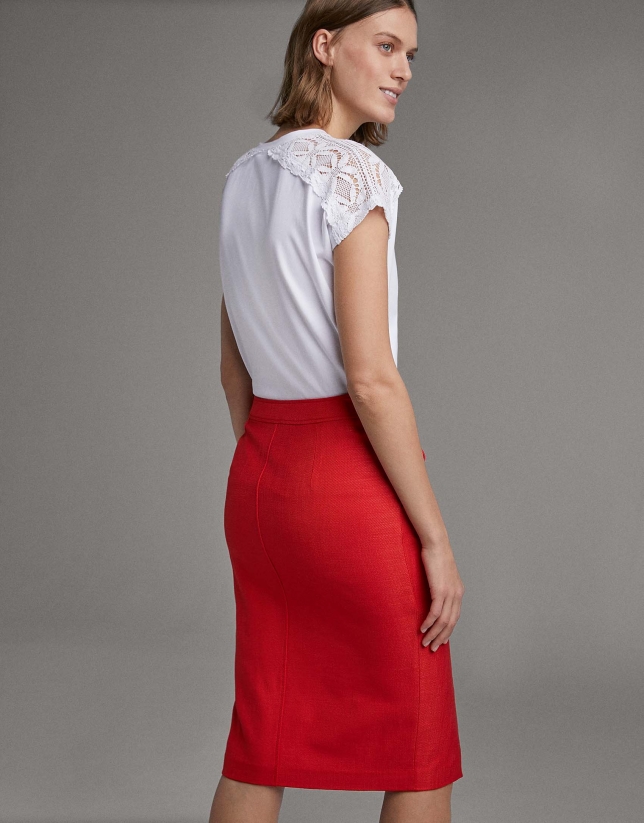 Red wrap skirt with white buttons