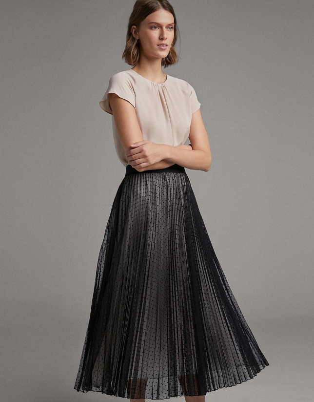 Long pleated tulle skirt with dots