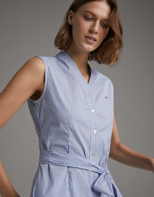 Blue striped shirt with bow at waist