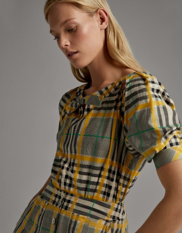 Green glen plaid shirt with boat neck and bow