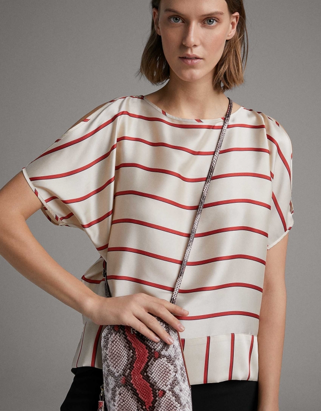 Red shirt with horizontal stripes and boat neck