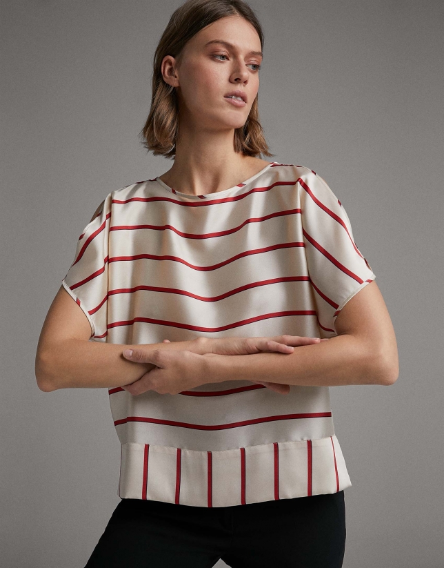Red shirt with horizontal stripes and boat neck