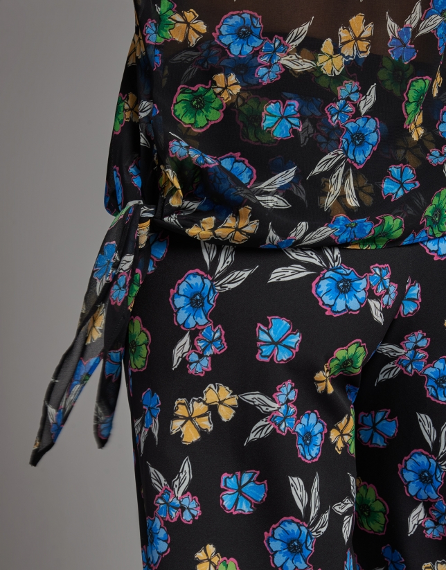 Black asymmetric shirt with floral print