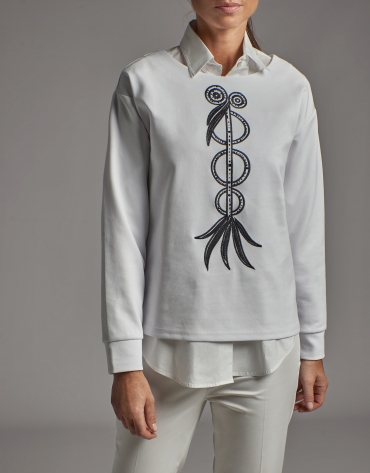 White sweatshirt with embroidered bird print and rhinestones