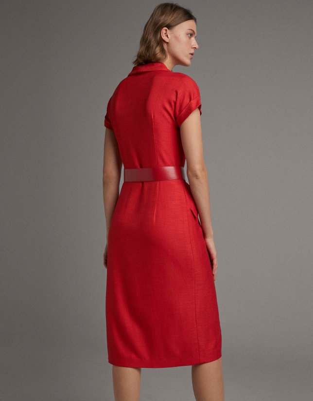 Red shirtwaist dress with short sleeves