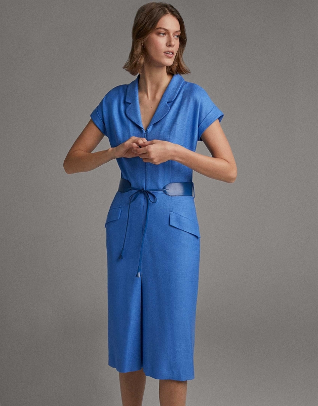 Blue shirtwaist dress with short sleeves