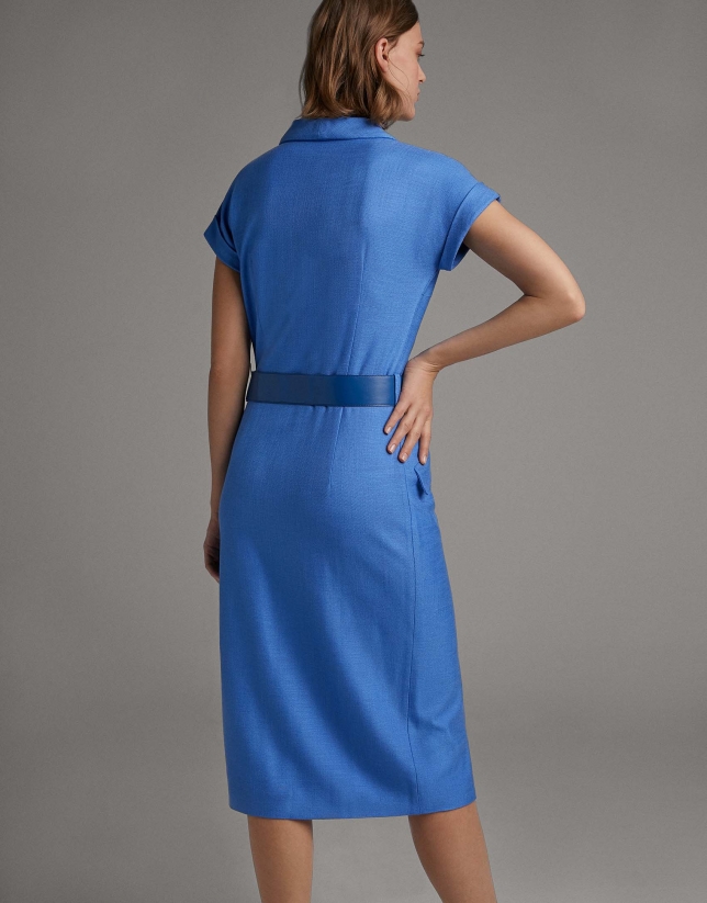 Blue shirtwaist dress with short sleeves